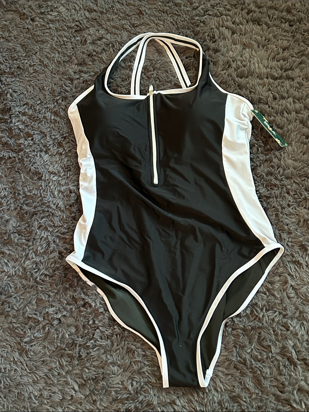 Black and White Zip-Front Women's Swim Bodysuit - Classic Two-Tone
